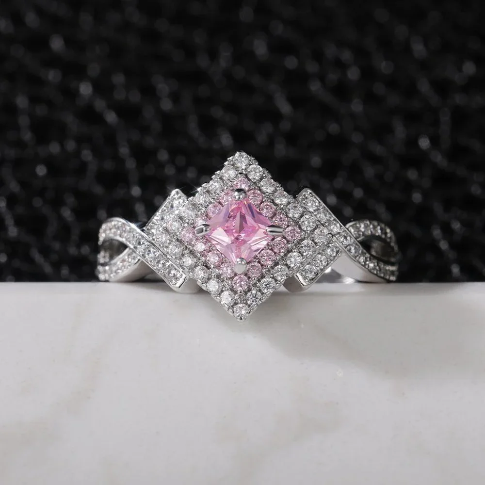 😍Beautiful Silver Pure Pink Double Layer Weave Princess Cut CZ Ring, K832_3